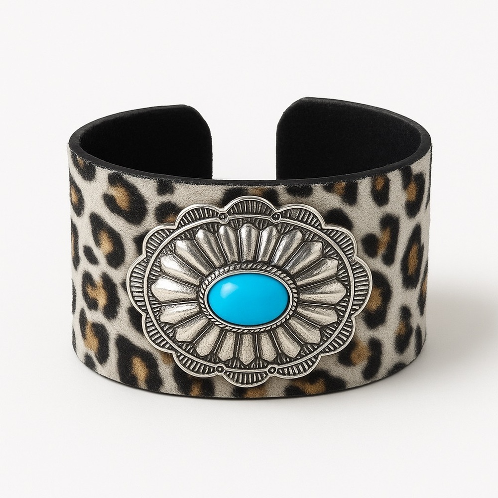 ⚜️ Leopard Print Western Cuff Bracelet with Turquoise Accent - Picture 1 of 8